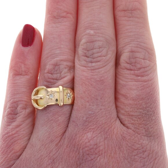 Yellow Gold Diamond Victorian Starburst Buckle Band - 18k Old Mine Antique Ring - Picture 2 of 6